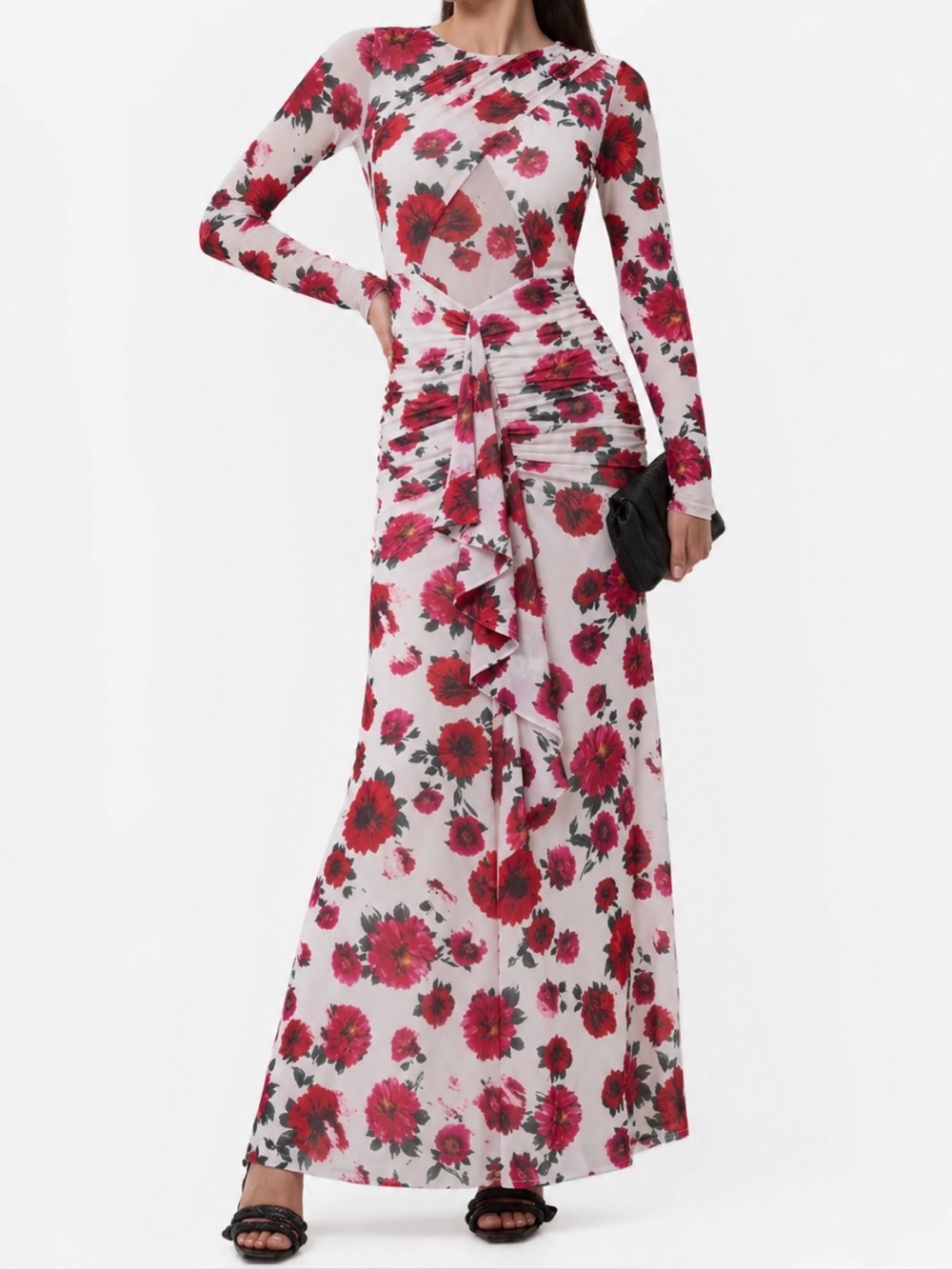 AFRM White Long Sleeve Maxi Bodycon Dress with Red Floral Print Size Small